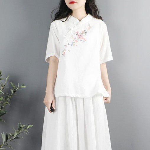 Ethnic Style Floral Embroidered Button Top T-shirt