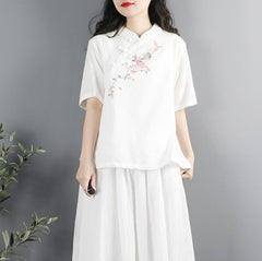 Ethnic Style Floral Embroidered Button Top T-shirt