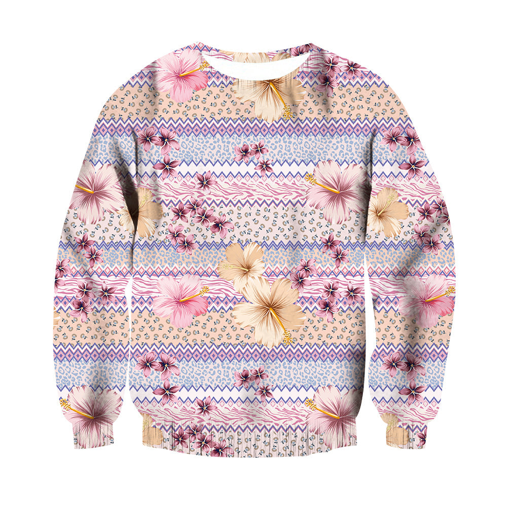 Unisex Heart Flowers Digital Printed Round Neck Sweatshirt