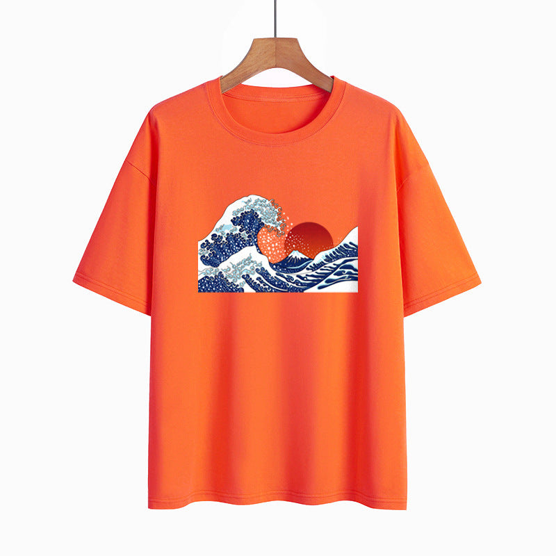 Japanese Style Waves Print Round Neck Loose T-shirt