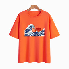 Japanese Style Waves Print Round Neck Loose T-shirt