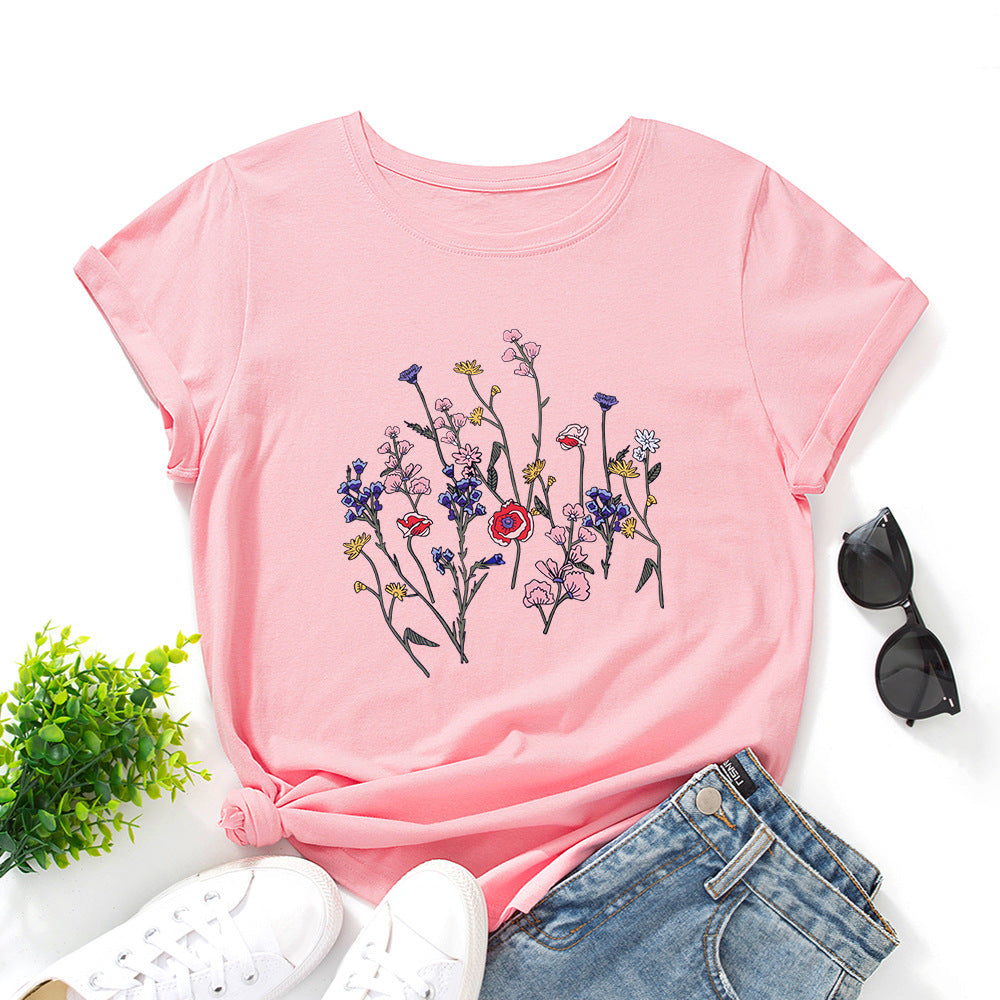 Creative Women's Floral Print Round Neck T-shirt