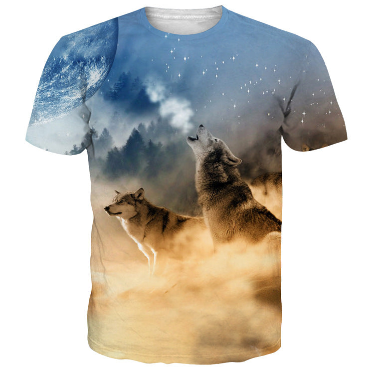 Casual Wolf Digital Print Summer Loose Short Sleeve T-shirt