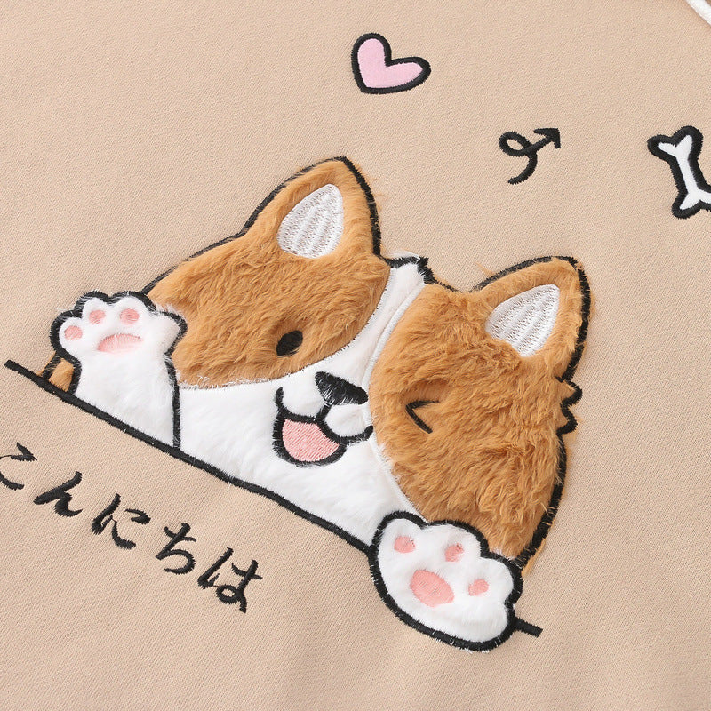 Kawaii Cartoon Dog Embroidered Velvet Hoodie