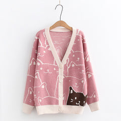 Cartoon Cat Jacquard Knit Cardigan Sweater