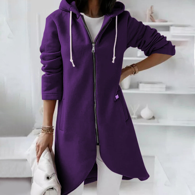 Street Style Zip Up Hooded Long Plush Coat