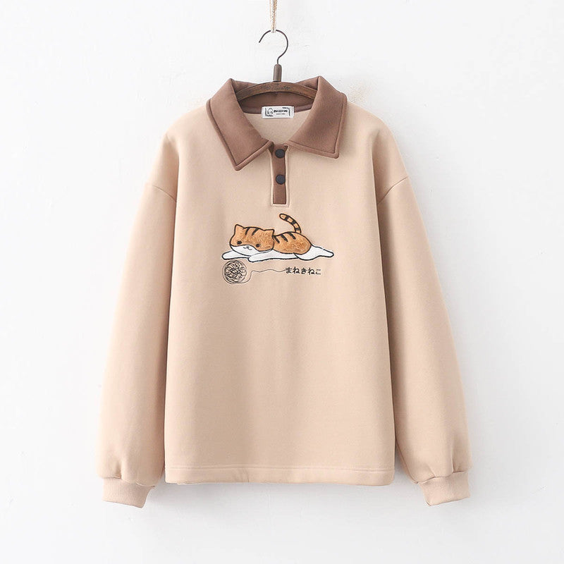 Cartoon Cat Embroidered Plush Thickened Polo Collar Sweatshirt