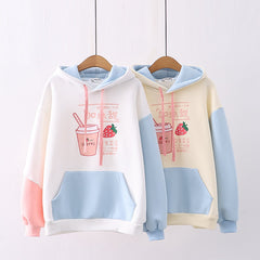 Women's Strawberry Drink Printed Color Block Hoodie