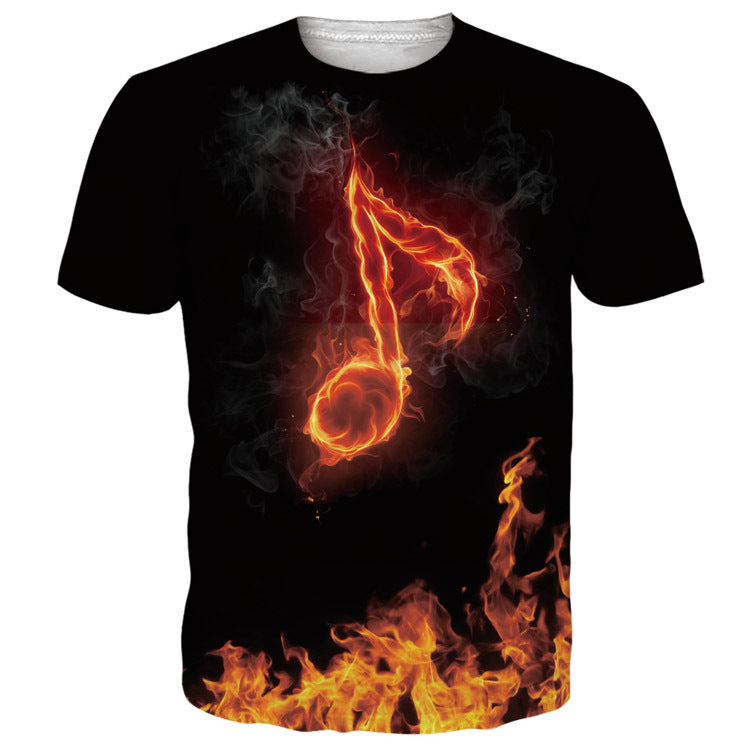 Men's Flame Skull Digital Printed Round Neck T-shirt