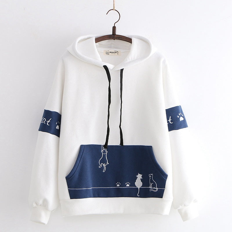 Kawaii Girls Pocket Cat Embroidery Velvet Hoodie