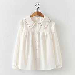 Japanese Style Doll Collar Floral Embroidered Shirt