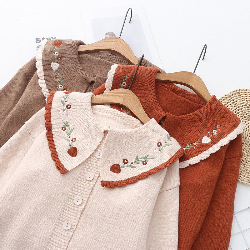 Women's Doll Collar Floral Embroidery Cardigan Sweater