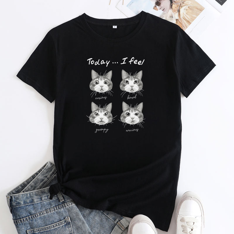 Women's Cat Mood Print Round Neck T-shirt