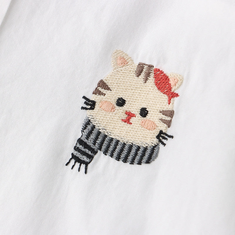 Cartoon Cat Embroidered Lapel Women's Shirt