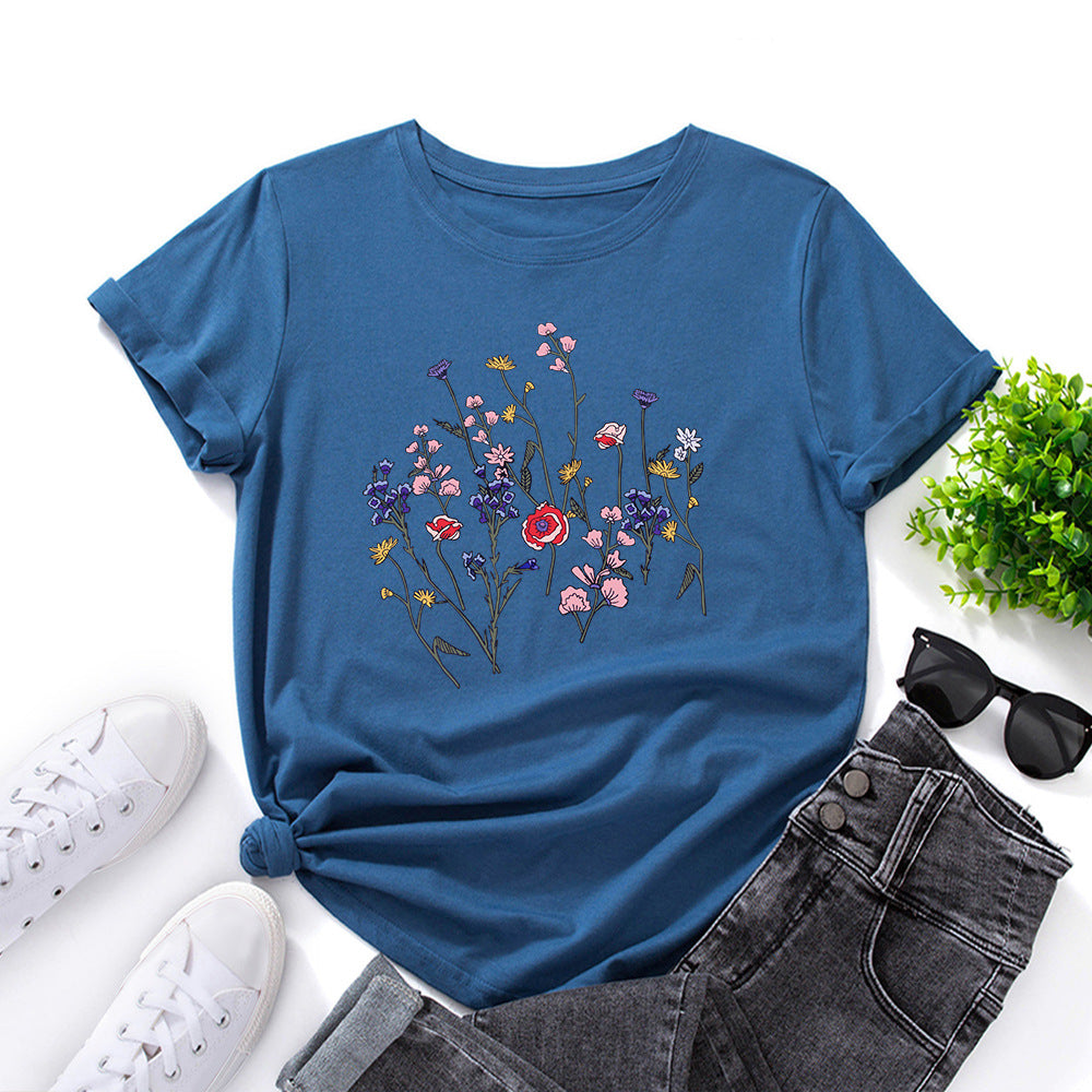 Creative Women's Floral Print Round Neck T-shirt