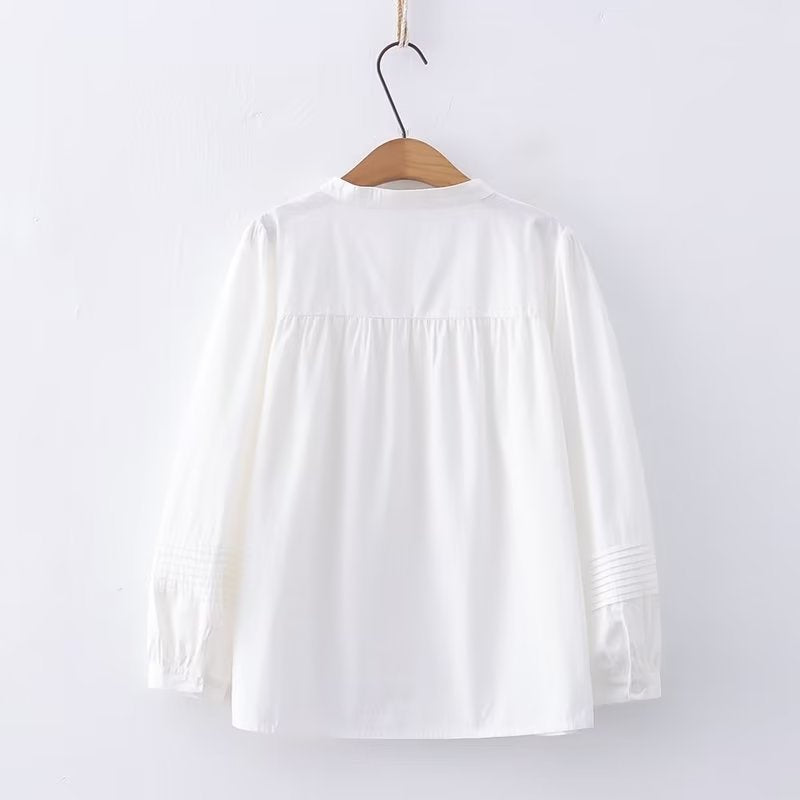 Women's Pleated Round Neck Solid Color Shirt