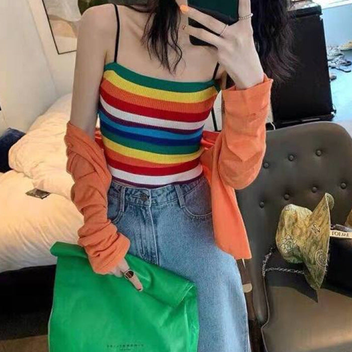 Hot Girls Rainbow Knitted Vest Sleeveless Inner Wear