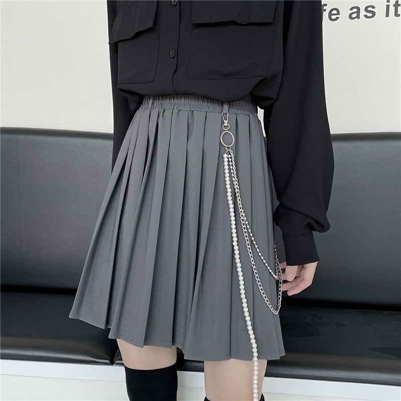 Korean Style Retro Pleated Women's Half Skirt with Chain