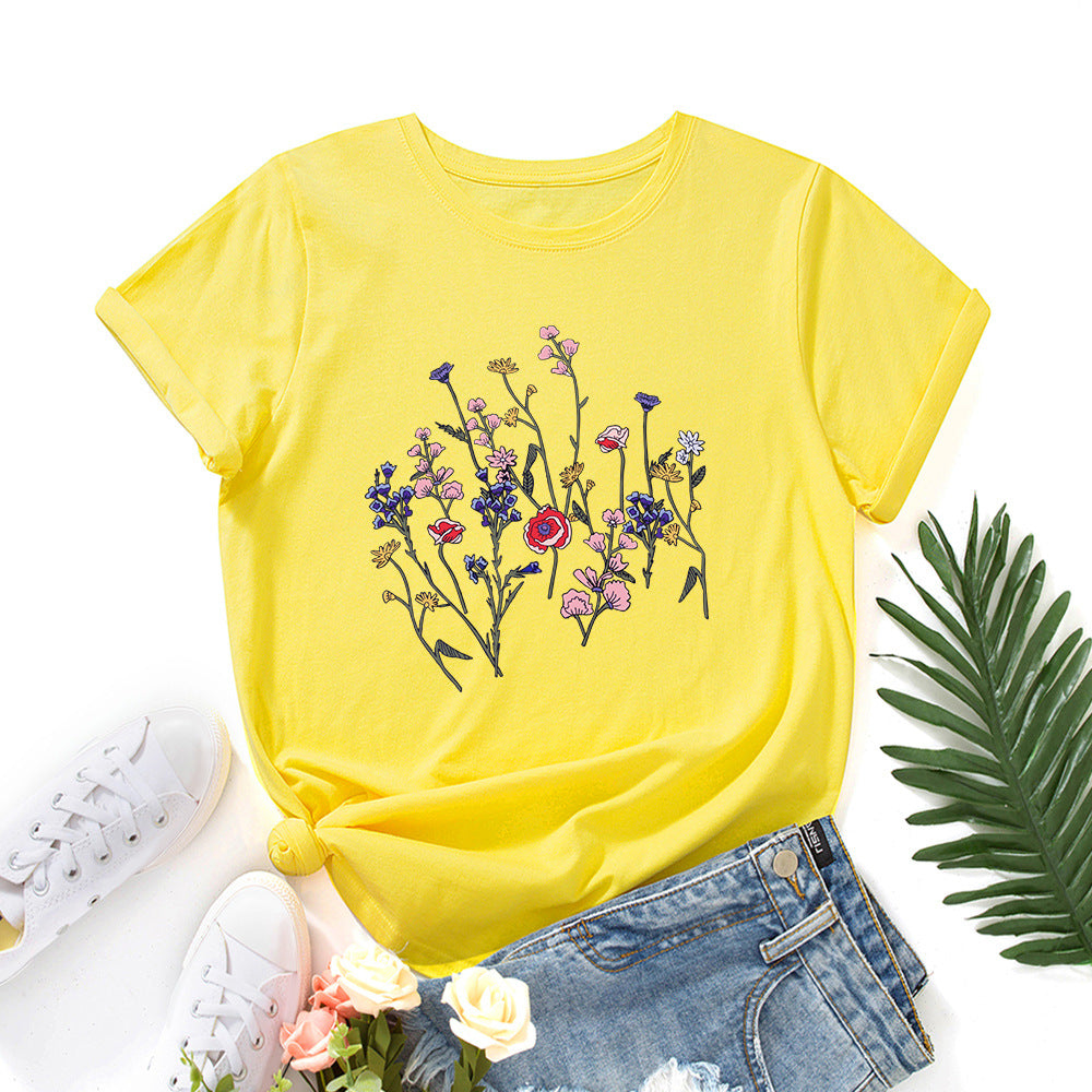 Creative Women's Floral Print Round Neck T-shirt