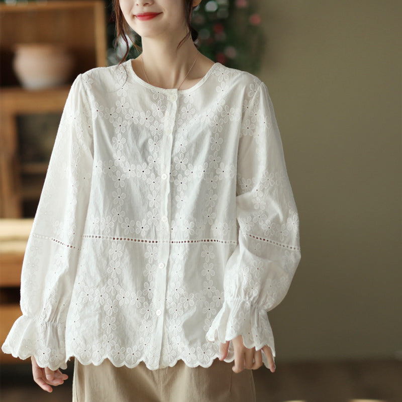 Floral Embroidery Women's Hollowed Out Lantern Sleeve Shirt