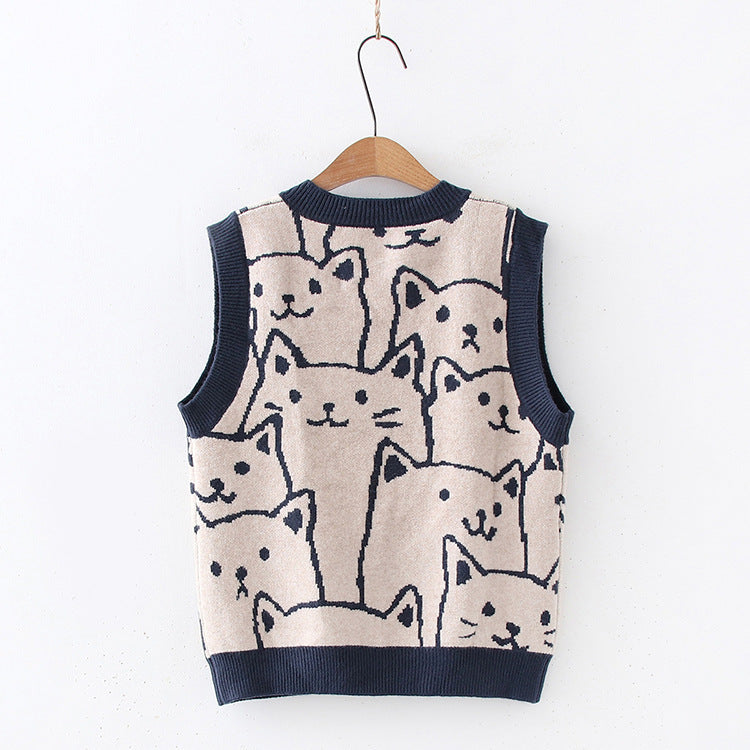 Women's Cartoon Cat Knitted Vest Shirt Two Piece Set