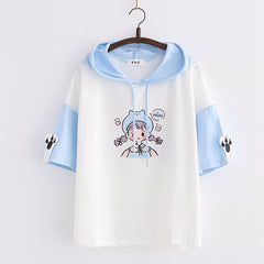 Cute Cartoon Girl Printed Color Block Hooded T-shirt