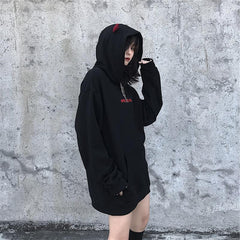 Dark Little Devil Wings Letter Embroidered Velvet Hoodie