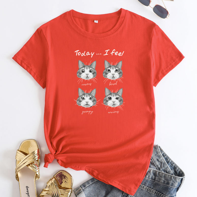 Women's Cat Mood Print Round Neck T-shirt