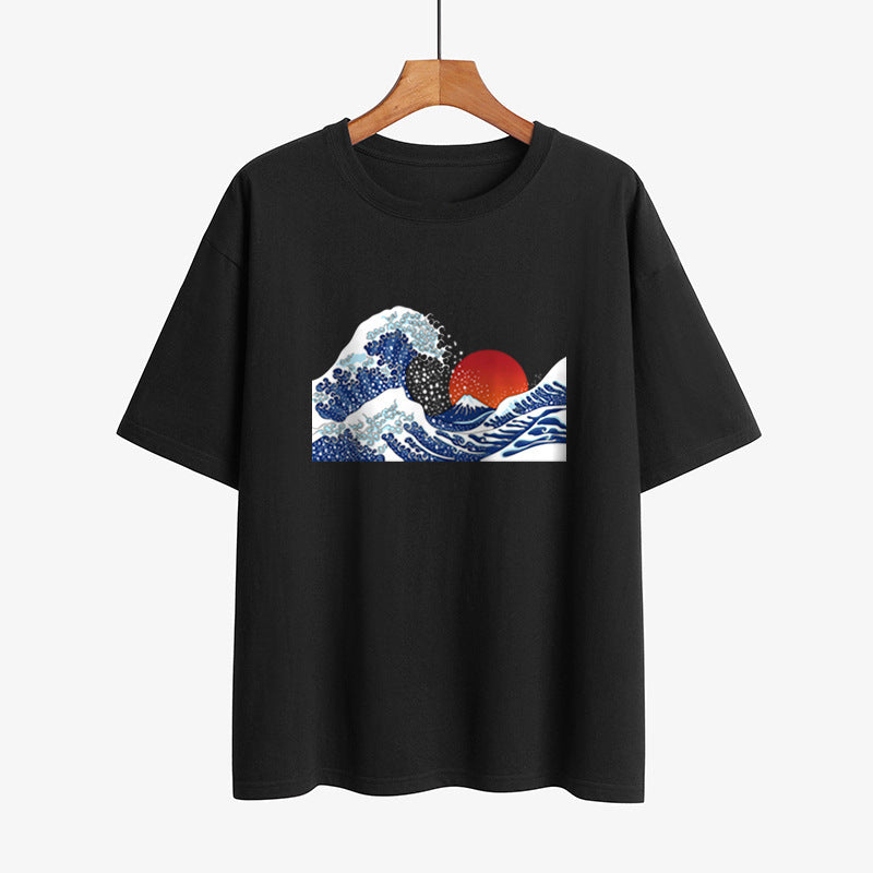 Japanese Style Waves Print Round Neck Loose T-shirt