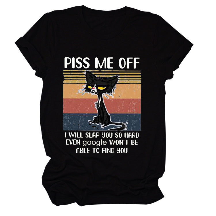 Casual Piss Me Off Black Cat Print Round Neck T-shirt