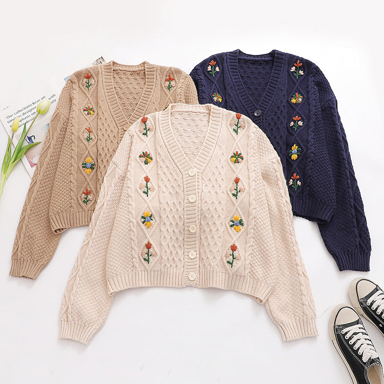 Flower Embroidery Knitted Cardigan Women's Sweater