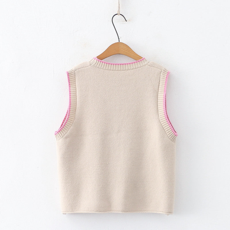 Cute Girls Round Neck Jacquard Flower Pullover Vest