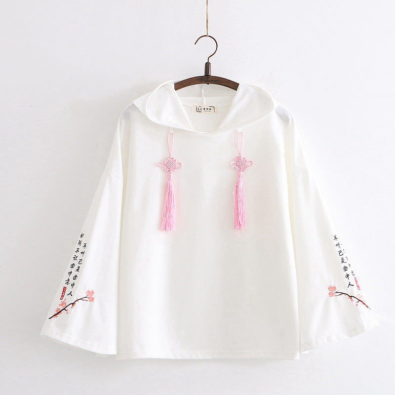 Japanese Style Letter Embroidered Knot Tassels Hoodie