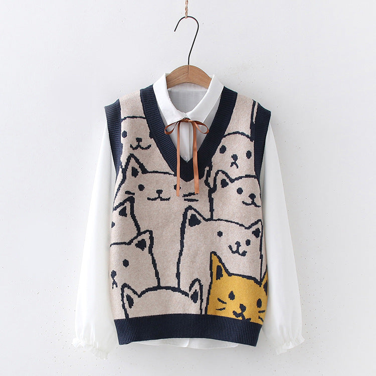 Women's Cartoon Cat Knitted Vest Shirt Two Piece Set