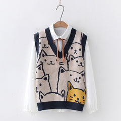 Women's Cartoon Cat Knitted Vest Shirt Two Piece Set