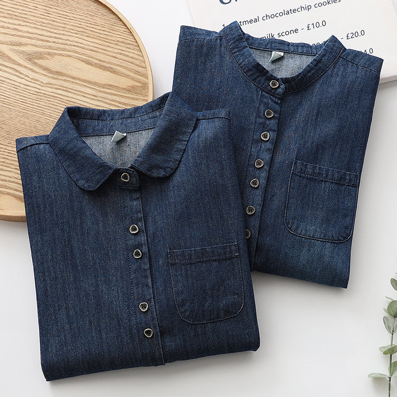 Trendy Girls Spring Washed Dark Denim Shirt