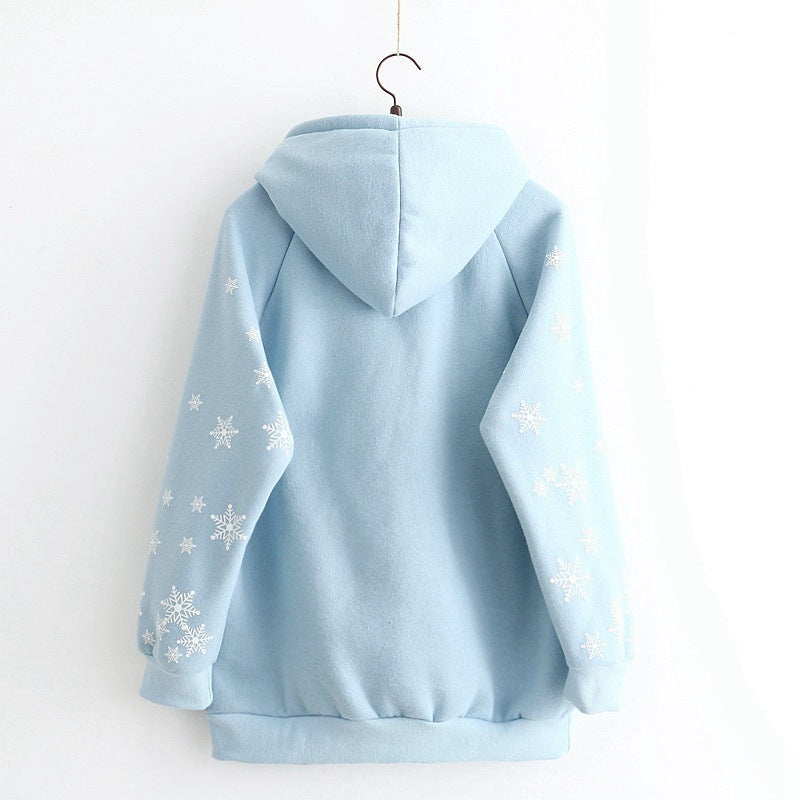 Japanese Style Snowflake Print Drawstring Warm Hoodie