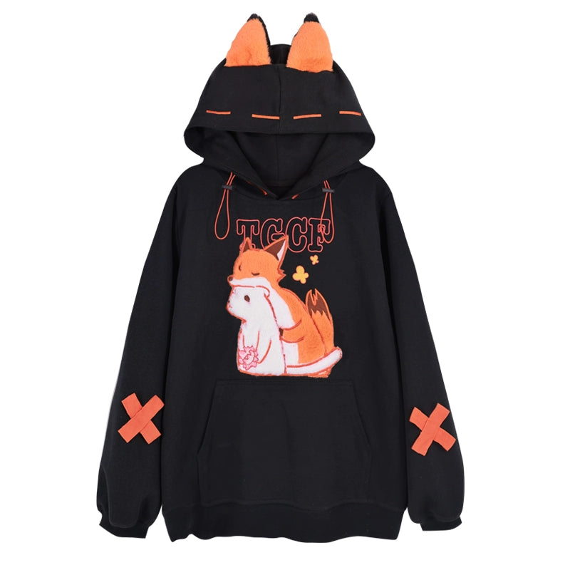 Fox Embroidery Pocket Loose Hoodie