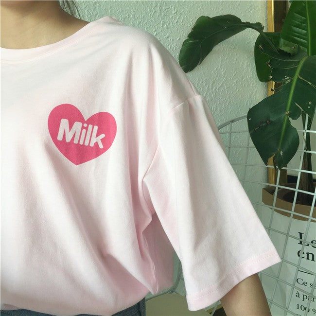 Japanese Style Cartoon Strawberry Milk Print T-shirt