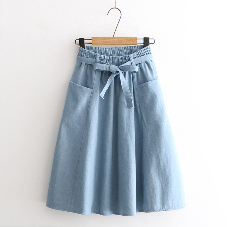 Summer Sweet Girls Denim Elastic Waist Mid Skirt