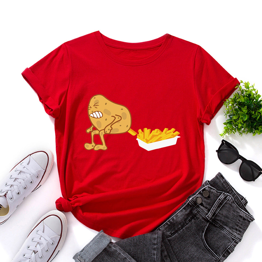 Women's Spoof Potato Fries Print Crew Neck T-shirt