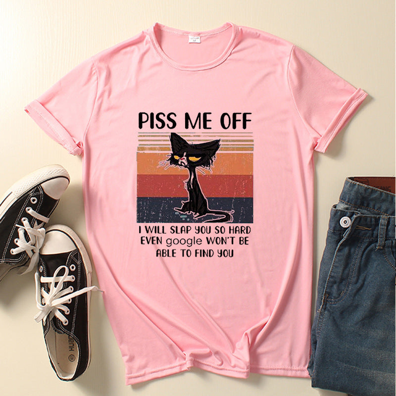 Casual Piss Me Off Black Cat Print Round Neck T-shirt