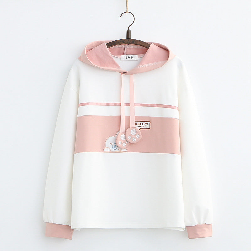 Sweet Color Block Cartoon Rabbit Claw Drawstring Hoodie