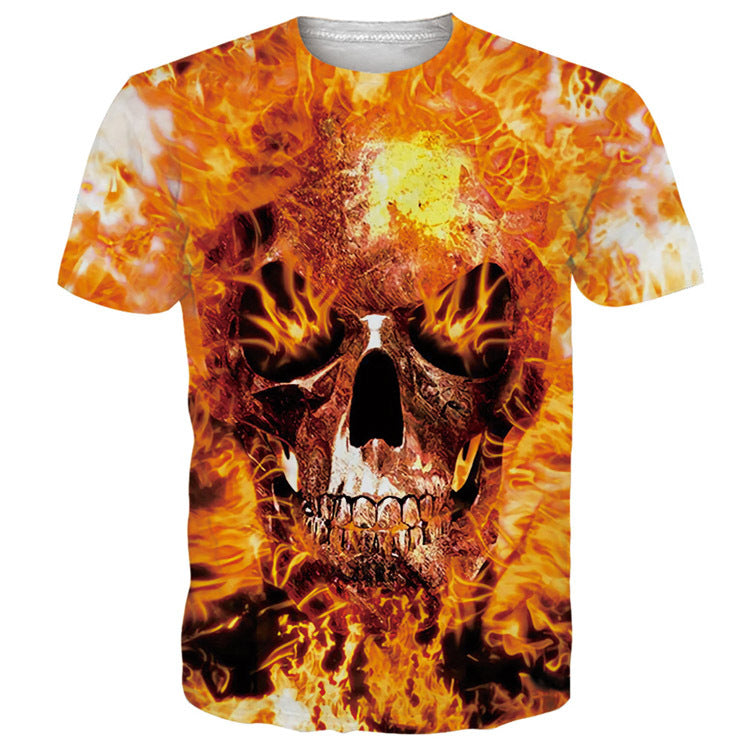 Men's Flame Skull Digital Printed Round Neck T-shirt