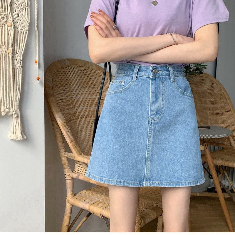 Retro Style High Waisted Blue Denim Short Skirt