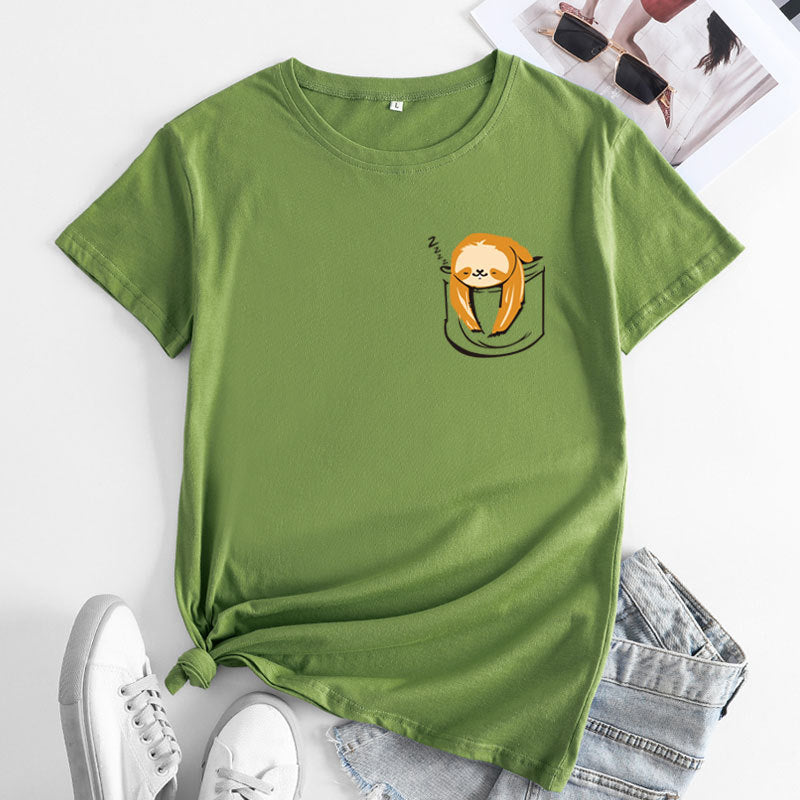 Women's Summer Loose Pocket Sloth T-shirt