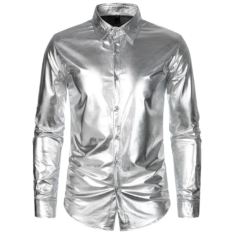 Trendy Men's Metal Shiny Disco Party Glossy Nightclub Blouse