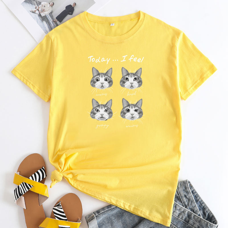 Women's Cat Mood Print Round Neck T-shirt