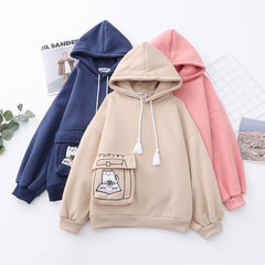 Cartoon Pocket Animal Embroidered Plush Hoodie