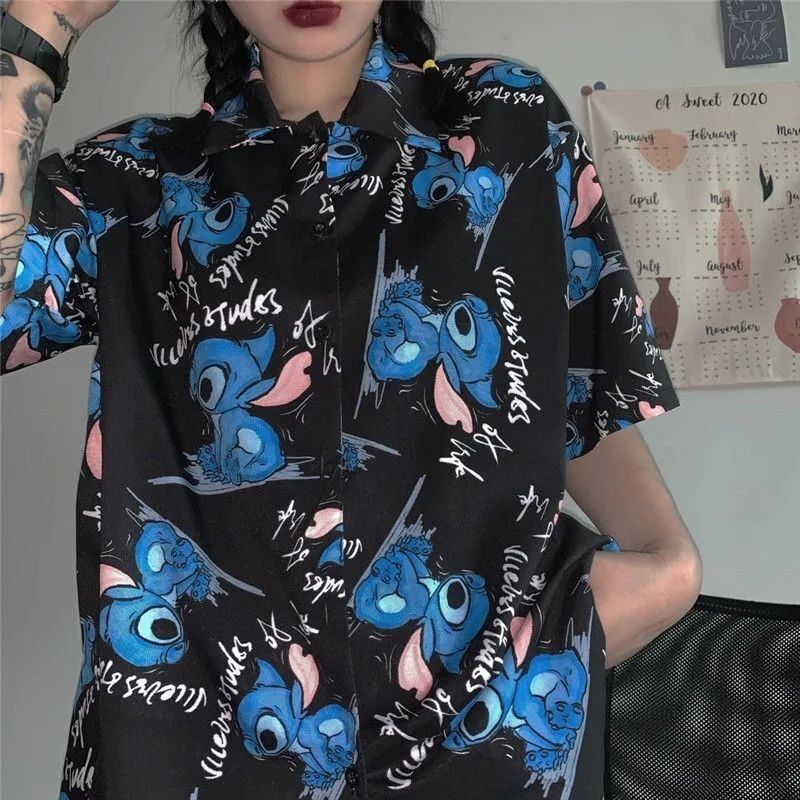 Versatile Retro Summer Cat Printed Flip Collar Shirt